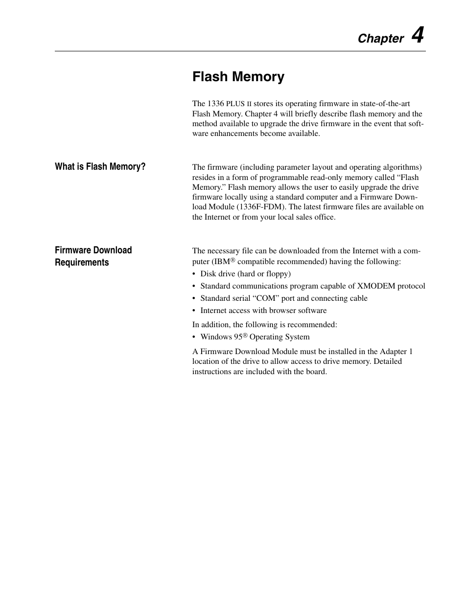 Chapter 4, Flash memory, What is flash memory | Firmware download requirements, Chapter | Rockwell Automation 1336F PLUS II User Manual - Firmware 1.xxx-6.xxx User Manual | Page 67 / 212