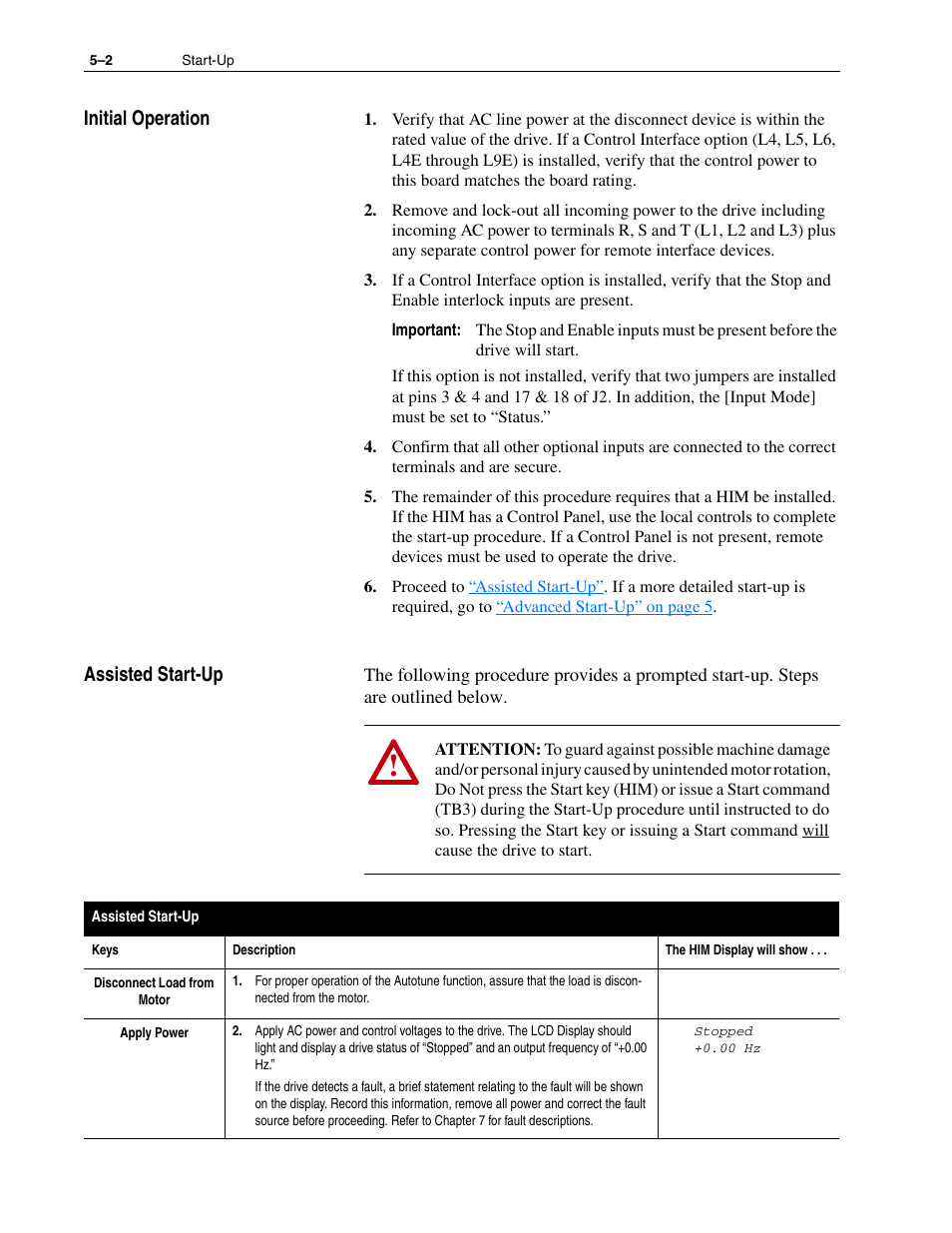 Initial operation, Assisted start-up, Initial operation –2 assisted start-up –2 | Rockwell Automation 1336F PLUS II User Manual - Firmware 1.xxx-6.xxx User Manual | Page 70 / 212