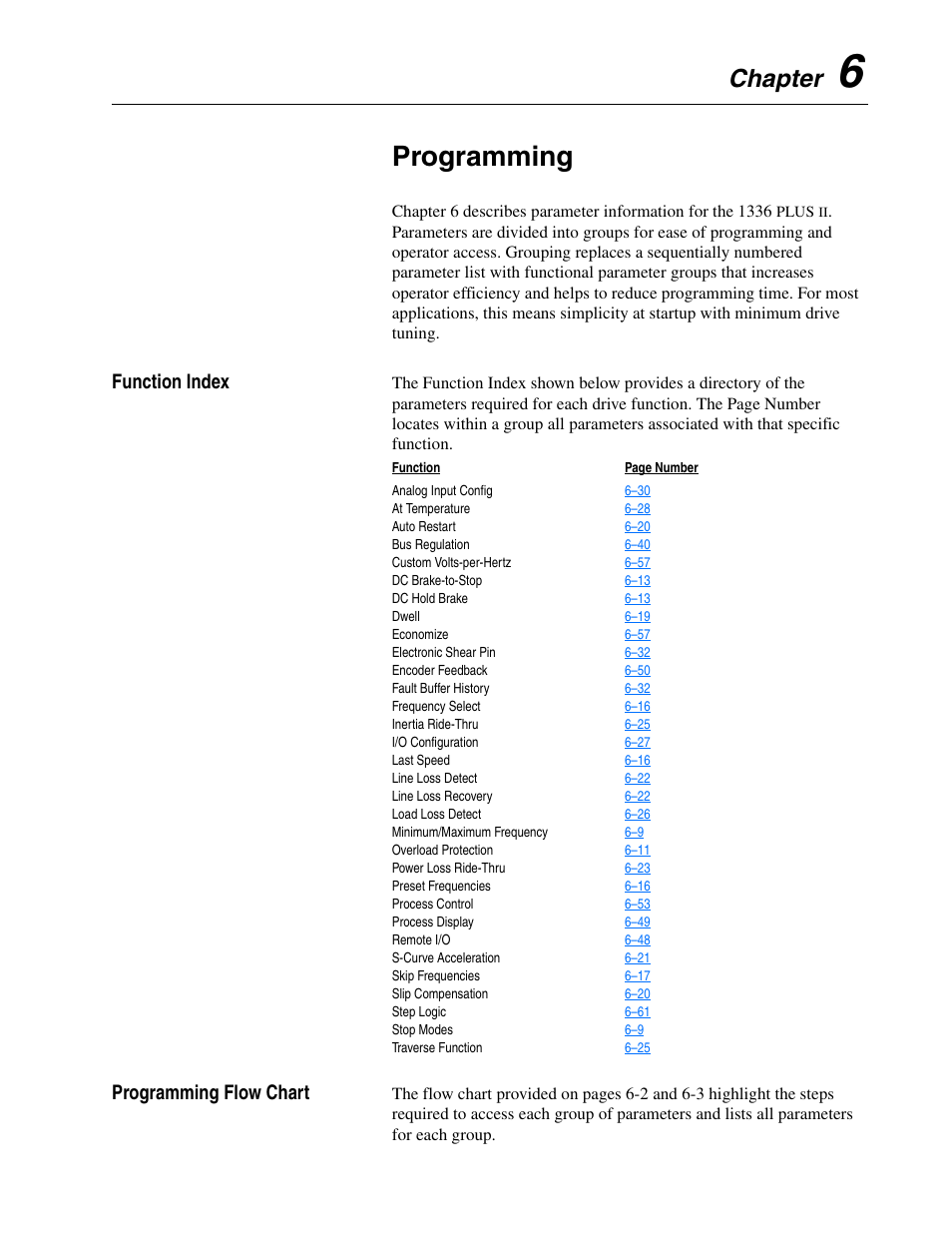 Chapter 6, Programming, Function index | Programming flow chart, Function index –1 programming flow chart –1, Chapter | Rockwell Automation 1336F PLUS II User Manual - Firmware 1.xxx-6.xxx User Manual | Page 83 / 212