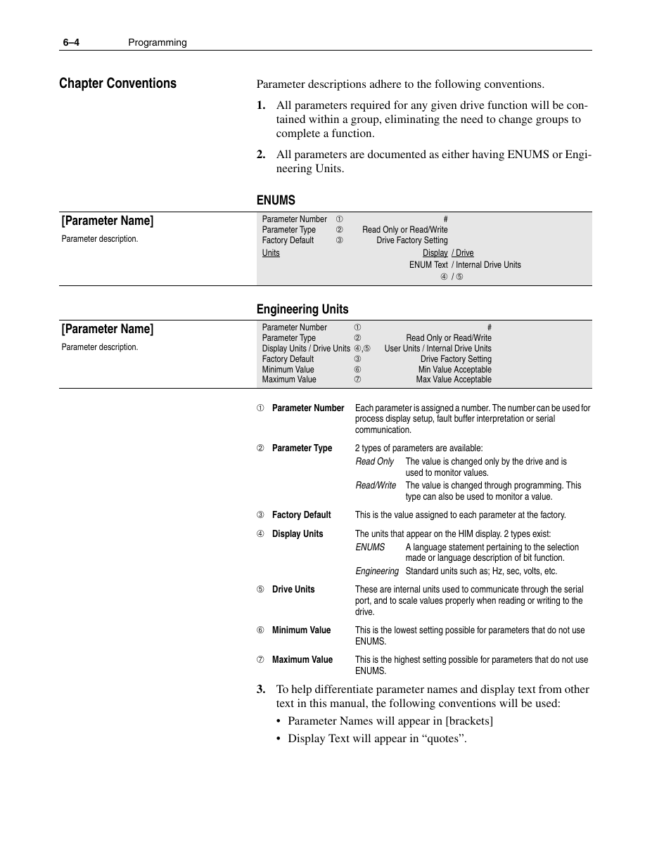 Chapter conventions, Chapter conventions –4, Enums engineering units | Parameter name | Rockwell Automation 1336F PLUS II User Manual - Firmware 1.xxx-6.xxx User Manual | Page 86 / 212