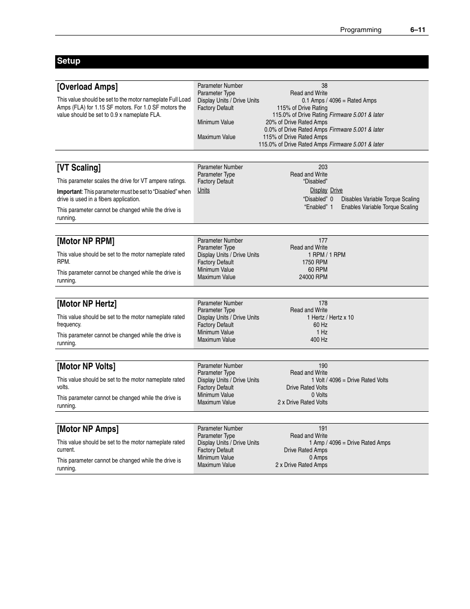 Overload amps, Vt scaling, Motor np rpm | Motor np hertz, Motor np volts, Motor np amps, Setup | Rockwell Automation 1336F PLUS II User Manual - Firmware 1.xxx-6.xxx User Manual | Page 93 / 212