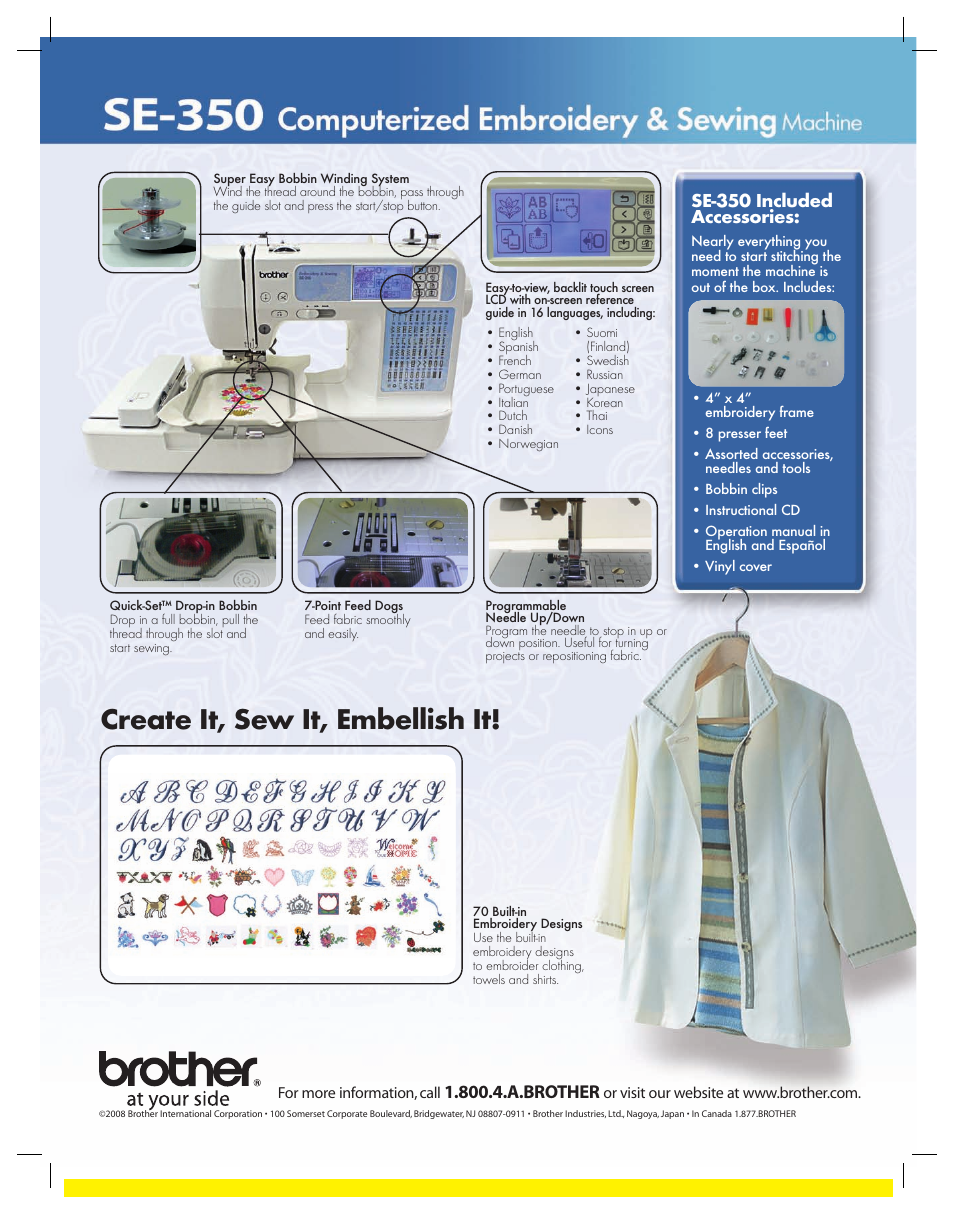 Create it, sew it, embellish it, Se-350 included accessories | Brother SE-350 User Manual | Page 2 / 2