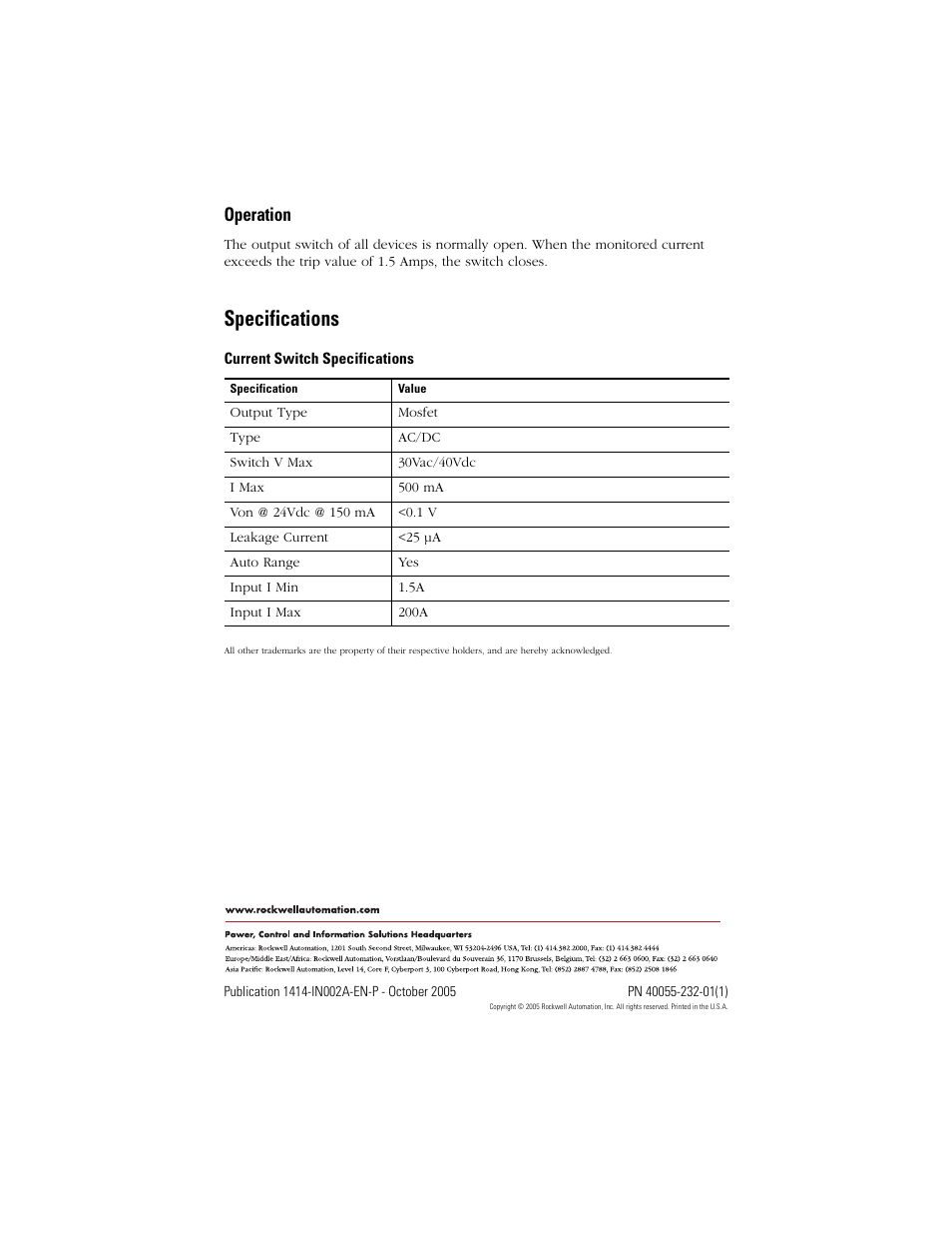 Operation, Specifications, Back cover | Rockwell Automation 1414-CC20PTWZB Current Switch User Manual | Page 4 / 4