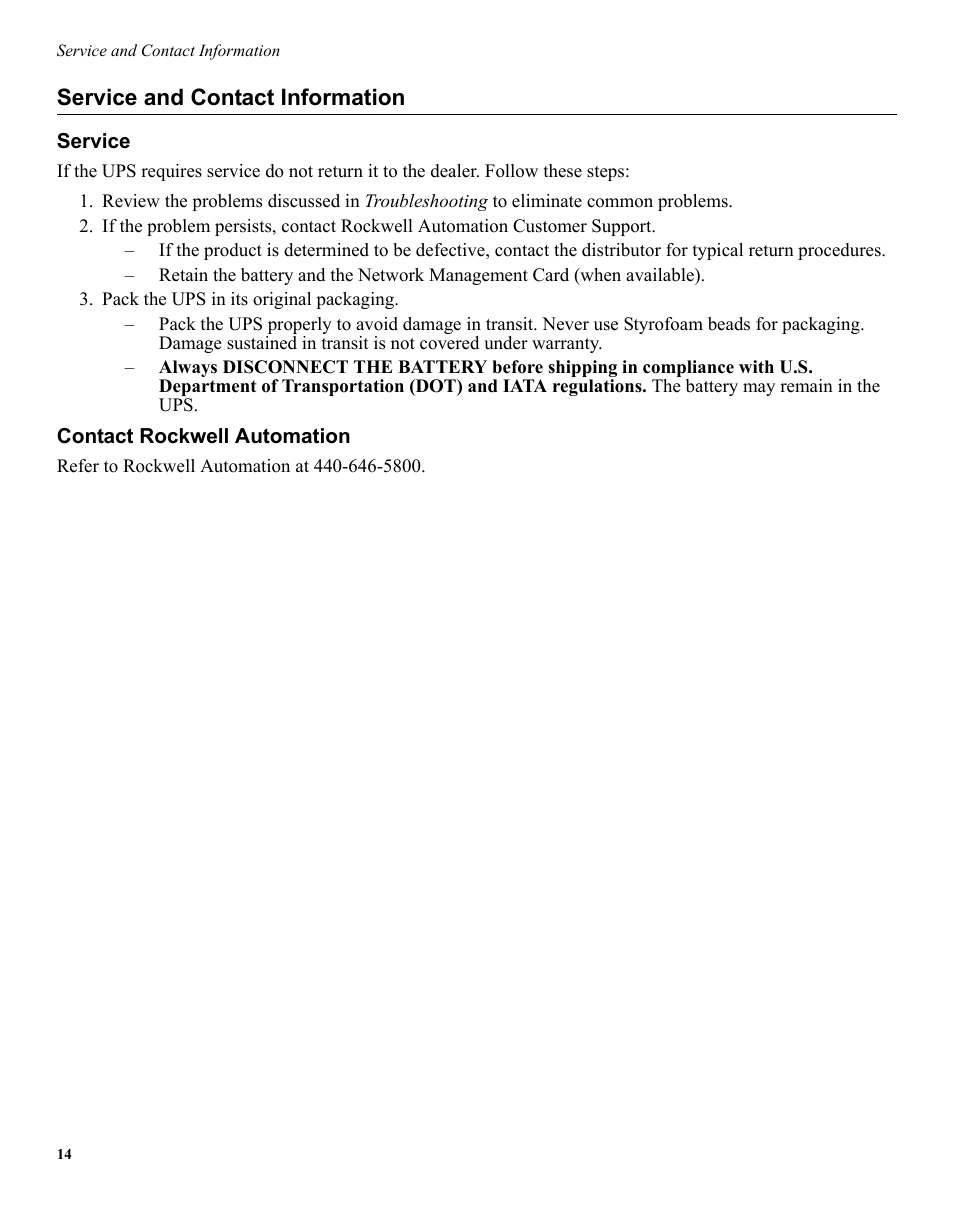 Service and contact information | Rockwell Automation 1609-U500 Industrial Uninterruptible Power Supply User Manual | Page 13 / 14