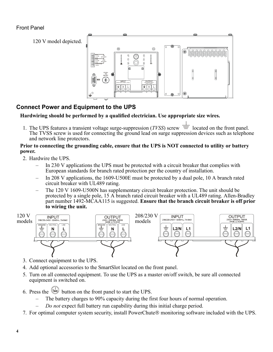 Connect power and equipment to the ups, Front panel, 120 v model depicted | Rockwell Automation 1609-U500 Industrial Uninterruptible Power Supply User Manual | Page 3 / 14