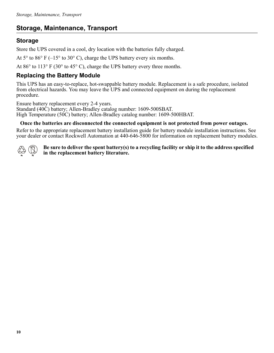 Storage, maintenance, transport | Rockwell Automation 1609-U500 Industrial Uninterruptible Power Supply User Manual | Page 9 / 14