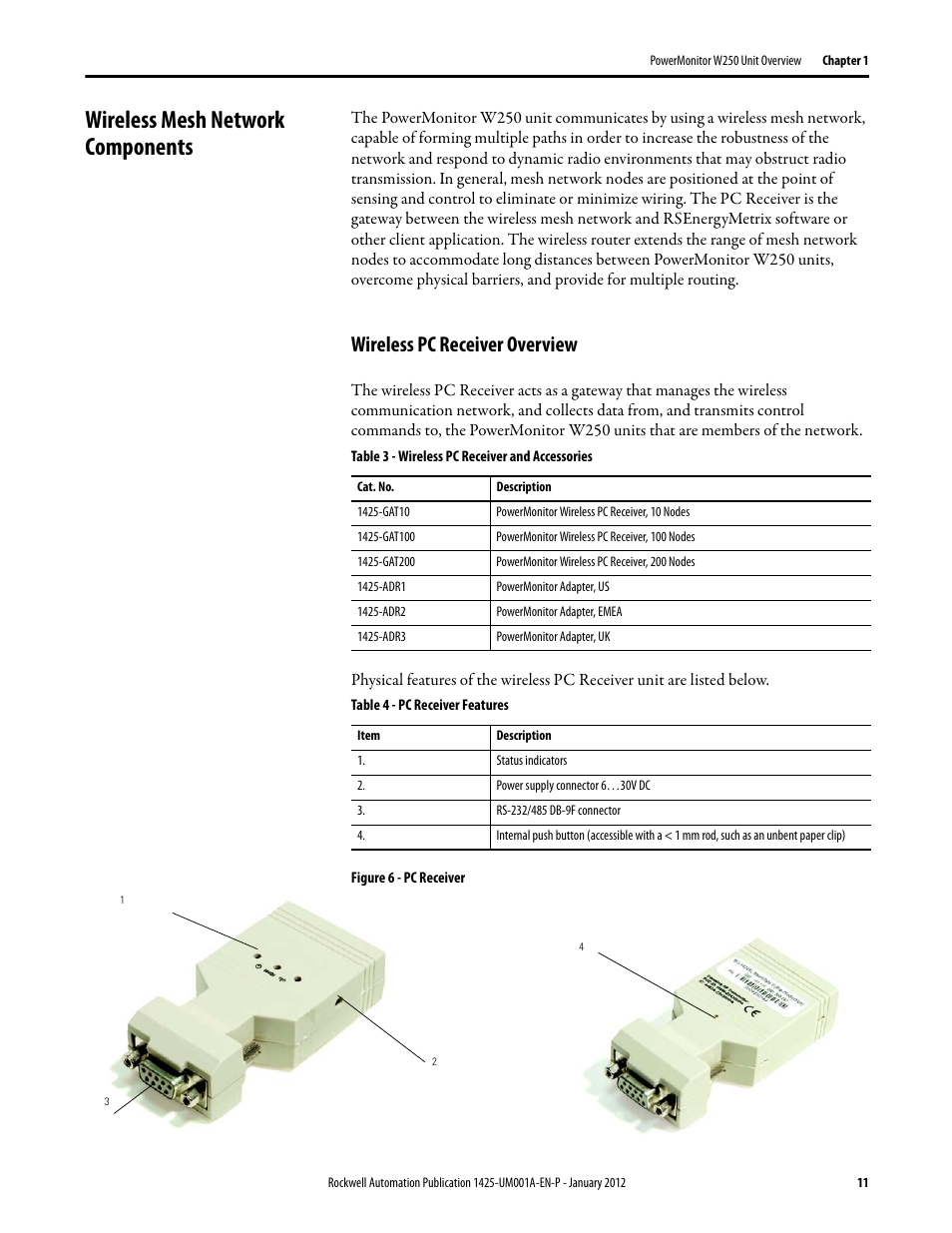 Wireless mesh network components, Wireless pc receiver overview | Rockwell Automation 1425 PowerMonitor Wireless 250 User Manual | Page 11 / 66