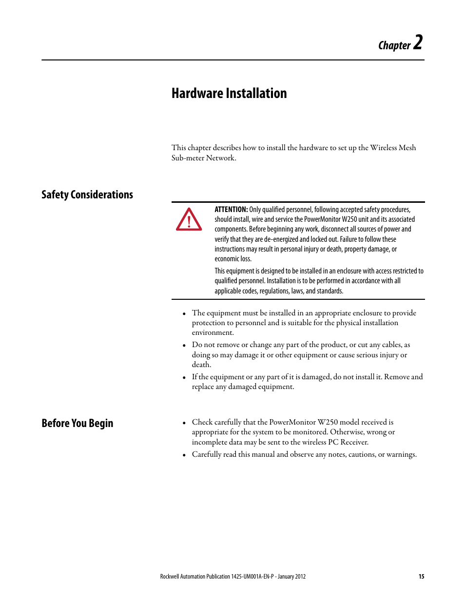 2 - hardware installation, Safety considerations, Before you begin | Chapter 2, Hardware installation, Safety considerations before you begin, Hardware, Installation, Chapter | Rockwell Automation 1425 PowerMonitor Wireless 250 User Manual | Page 15 / 66