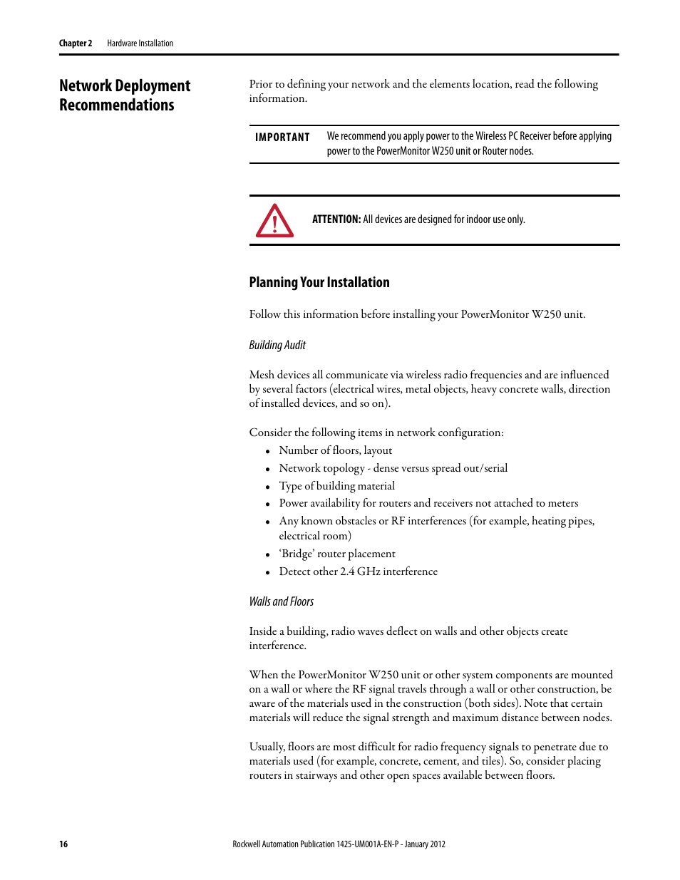 Network deployment recommendations, Planning your installation | Rockwell Automation 1425 PowerMonitor Wireless 250 User Manual | Page 16 / 66