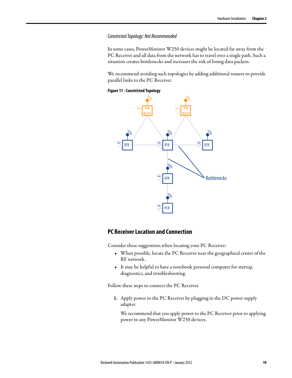 Pc receiver location and connection, Bottlenecks | Rockwell Automation 1425 PowerMonitor Wireless 250 User Manual | Page 19 / 66