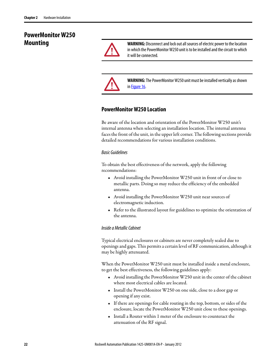 Powermonitor w250 mounting, Powermonitor w250 location | Rockwell Automation 1425 PowerMonitor Wireless 250 User Manual | Page 22 / 66