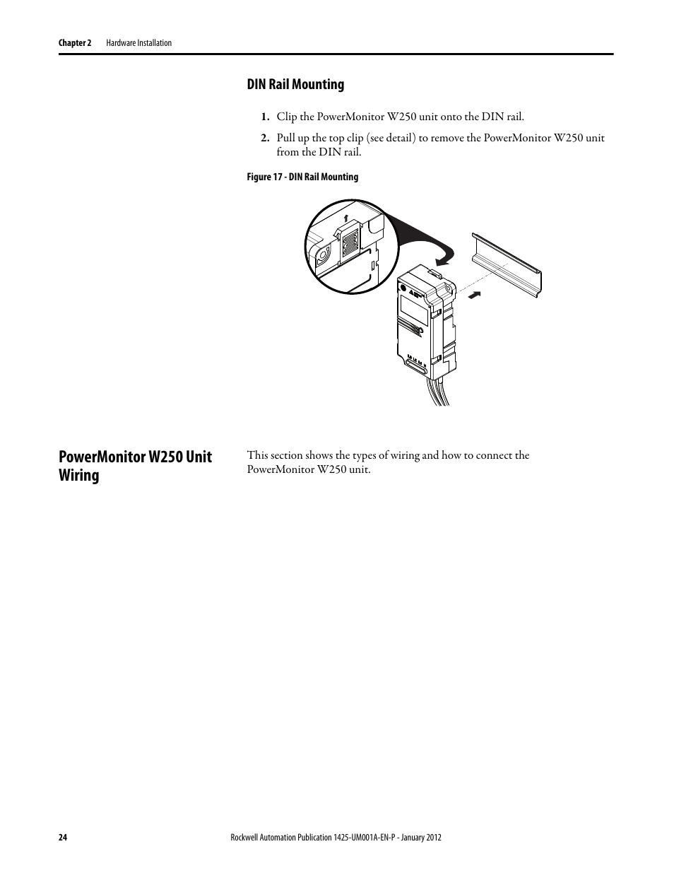 Din rail mounting, Powermonitor w250 unit wiring | Rockwell Automation 1425 PowerMonitor Wireless 250 User Manual | Page 24 / 66