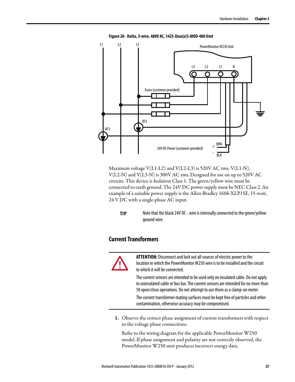 Current transformers | Rockwell Automation 1425 PowerMonitor Wireless 250 User Manual | Page 27 / 66