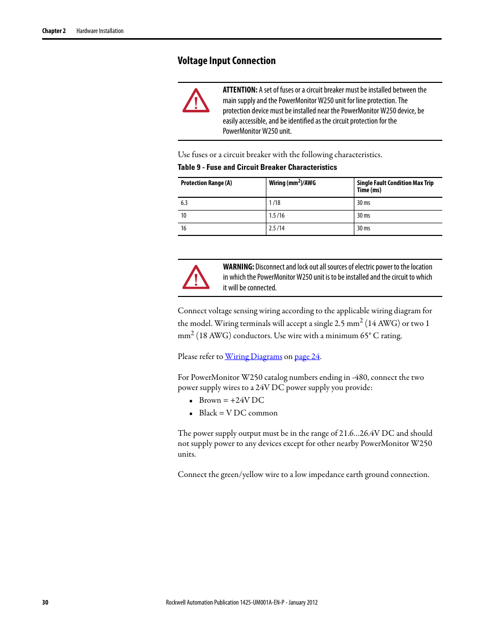 Voltage input connection | Rockwell Automation 1425 PowerMonitor Wireless 250 User Manual | Page 30 / 66