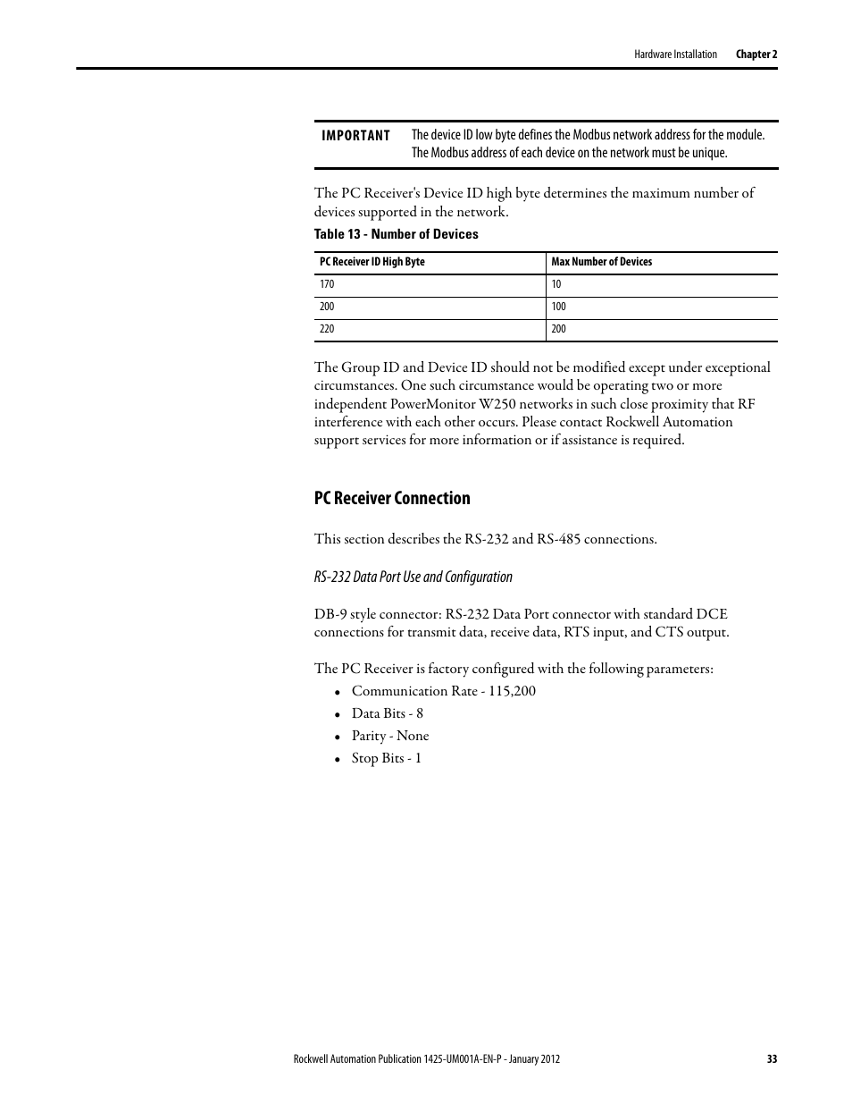 Pc receiver connection | Rockwell Automation 1425 PowerMonitor Wireless 250 User Manual | Page 33 / 66