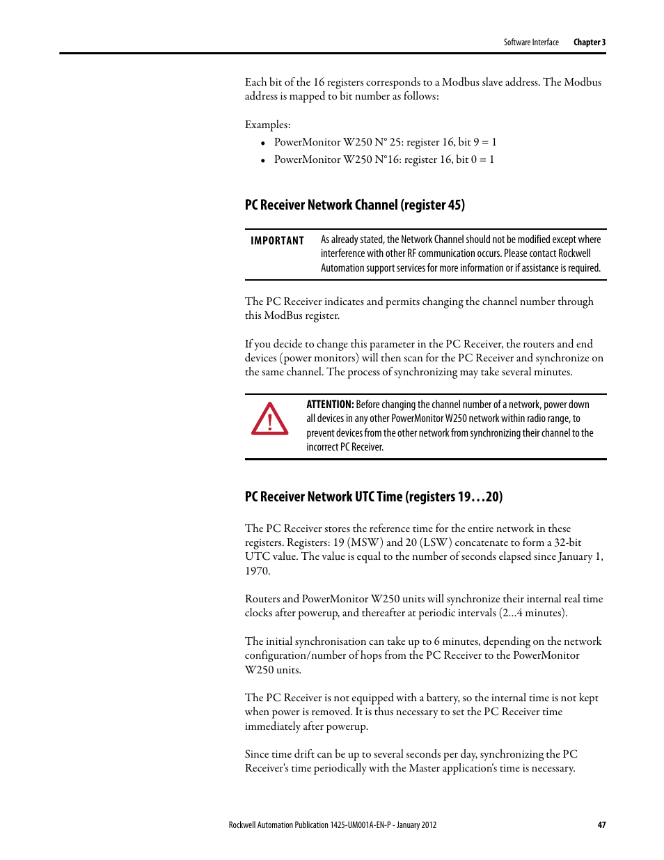 Pc receiver network channel (register 45), Pc receiver network utc time (registers 19…20) | Rockwell Automation 1425 PowerMonitor Wireless 250 User Manual | Page 47 / 66