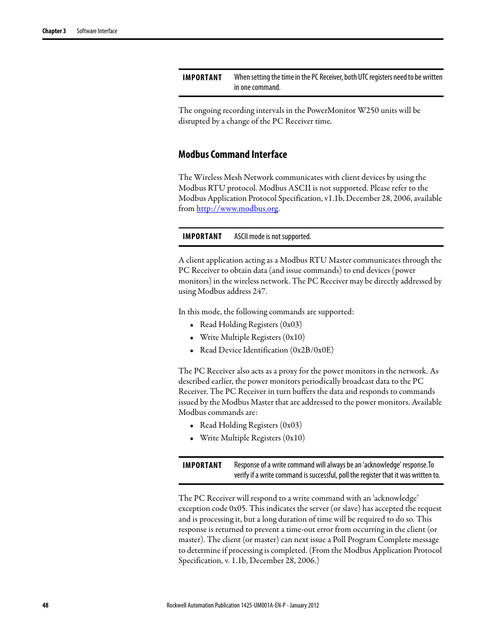 Modbus command interface | Rockwell Automation 1425 PowerMonitor Wireless 250 User Manual | Page 48 / 66