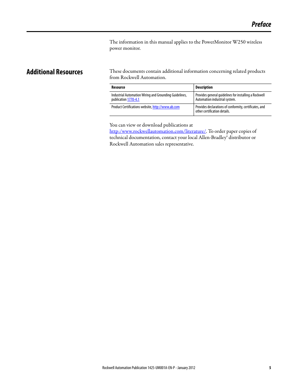 Preface, Additional resources | Rockwell Automation 1425 PowerMonitor Wireless 250 User Manual | Page 5 / 66