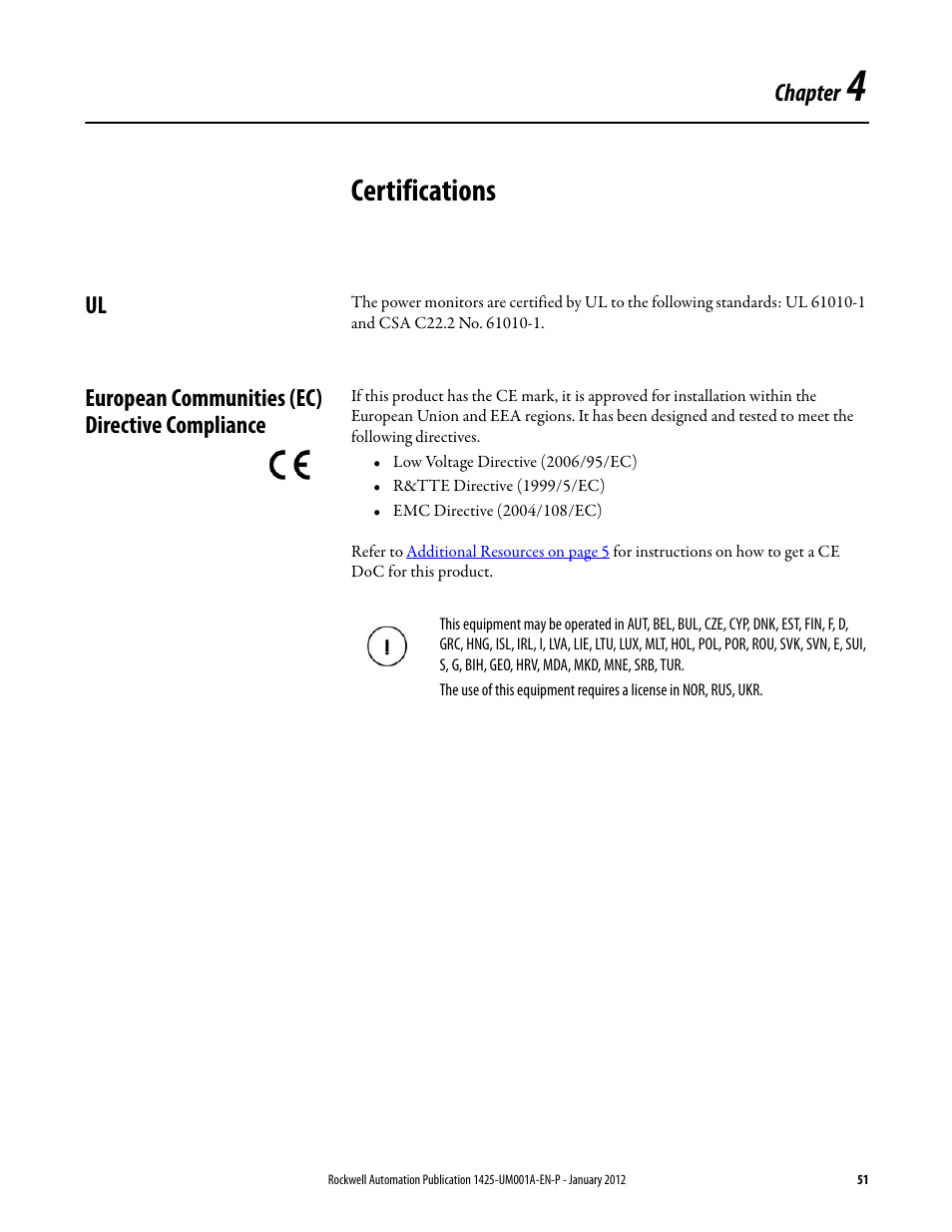 4 - certifications, European communities (ec) directive compliance, Chapter 4 | Certifications, Ul european communities (ec) directive compliance | Rockwell Automation 1425 PowerMonitor Wireless 250 User Manual | Page 51 / 66