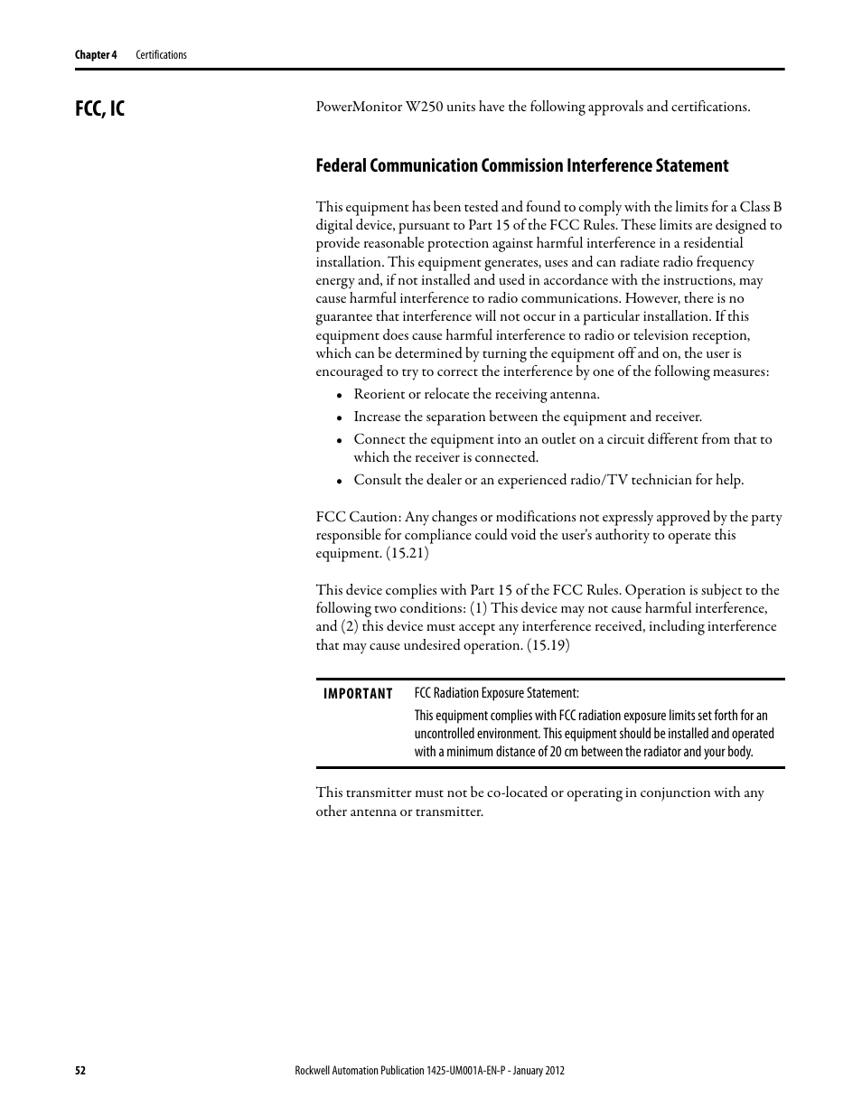 Fcc, ic | Rockwell Automation 1425 PowerMonitor Wireless 250 User Manual | Page 52 / 66
