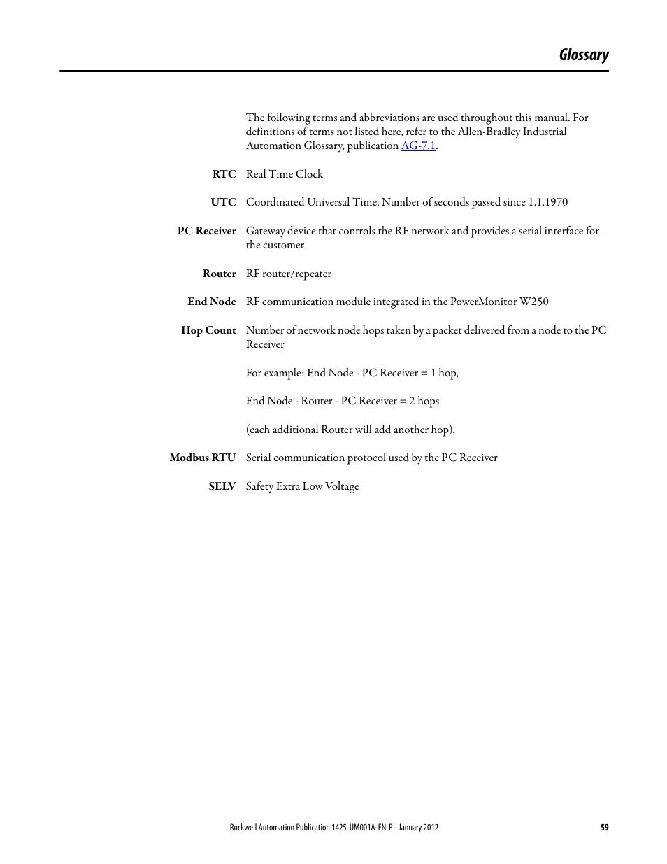 Glossary | Rockwell Automation 1425 PowerMonitor Wireless 250 User Manual | Page 59 / 66