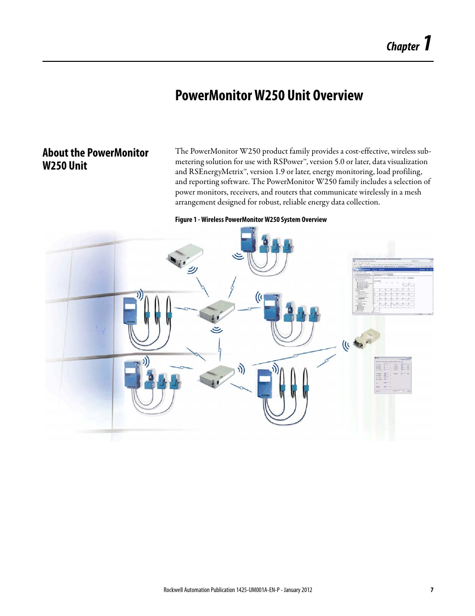 1 - powermonitor w250 unit overview, About the powermonitor w250 unit, Chapter 1 | Powermonitor w250 unit overview | Rockwell Automation 1425 PowerMonitor Wireless 250 User Manual | Page 7 / 66