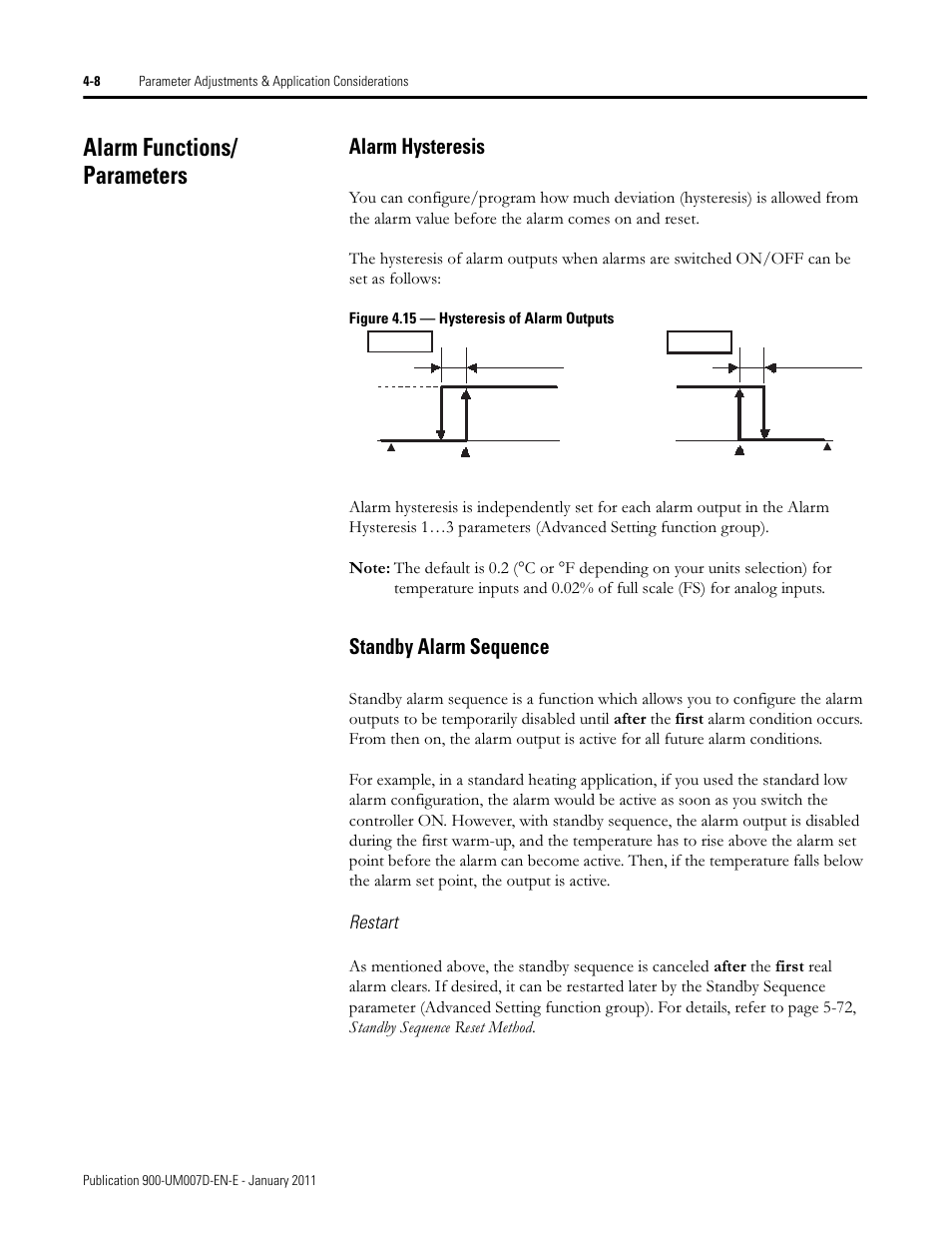 Alarm functions/ parameters, Alarm hysteresis, Standby alarm sequence | Restart | Rockwell Automation 900-TC32 Digital Temperature Controllers, Series B User Manual | Page 144 / 410