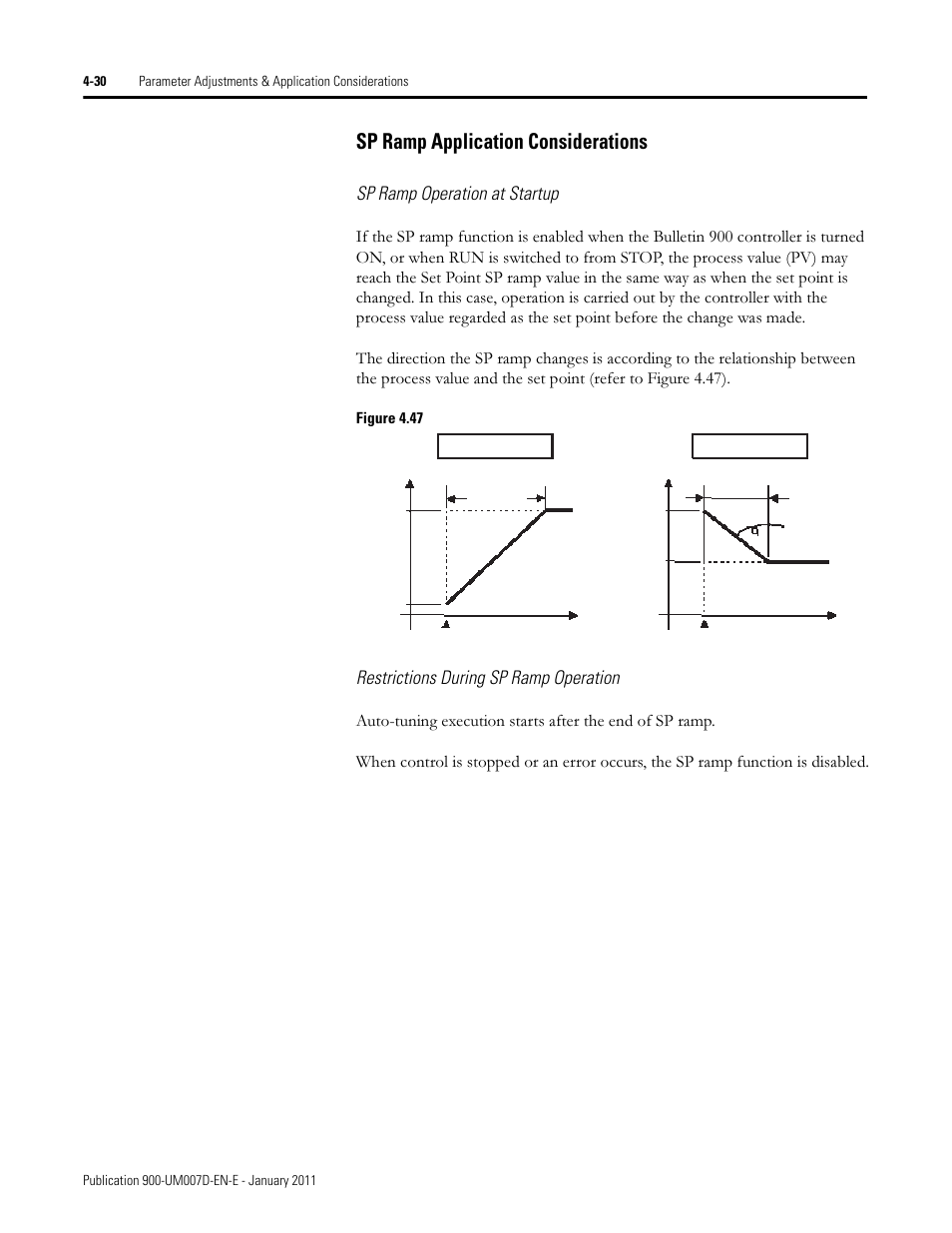 Sp ramp application considerations, Sp ramp operation at startup, Restrictions during sp ramp operation | Rockwell Automation 900-TC32 Digital Temperature Controllers, Series B User Manual | Page 166 / 410