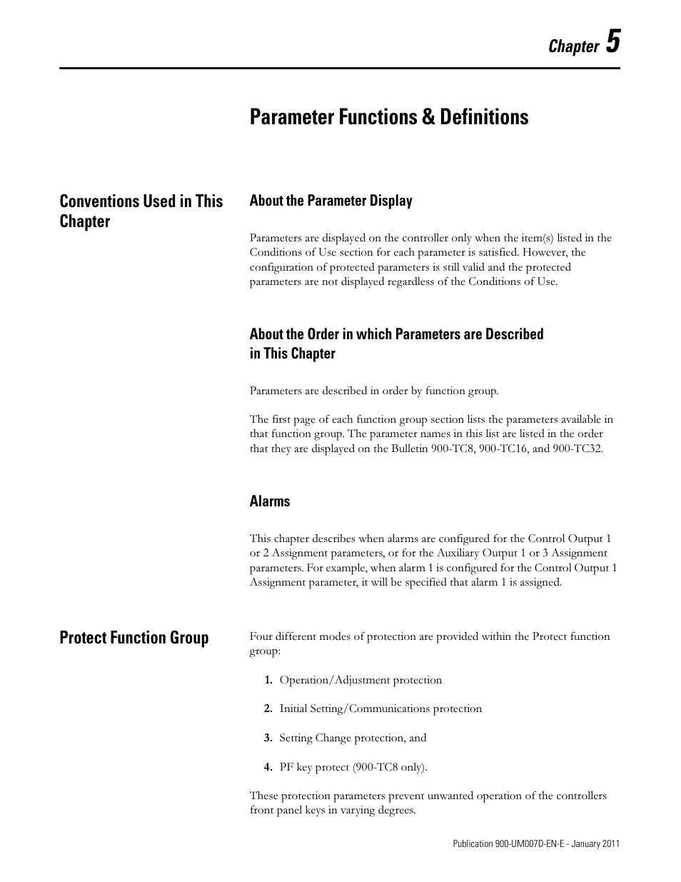 Chapter5, Parameter functions & definitions, Chapter | Conventions used in this chapter, Protect function group | Rockwell Automation 900-TC32 Digital Temperature Controllers, Series B User Manual | Page 229 / 410