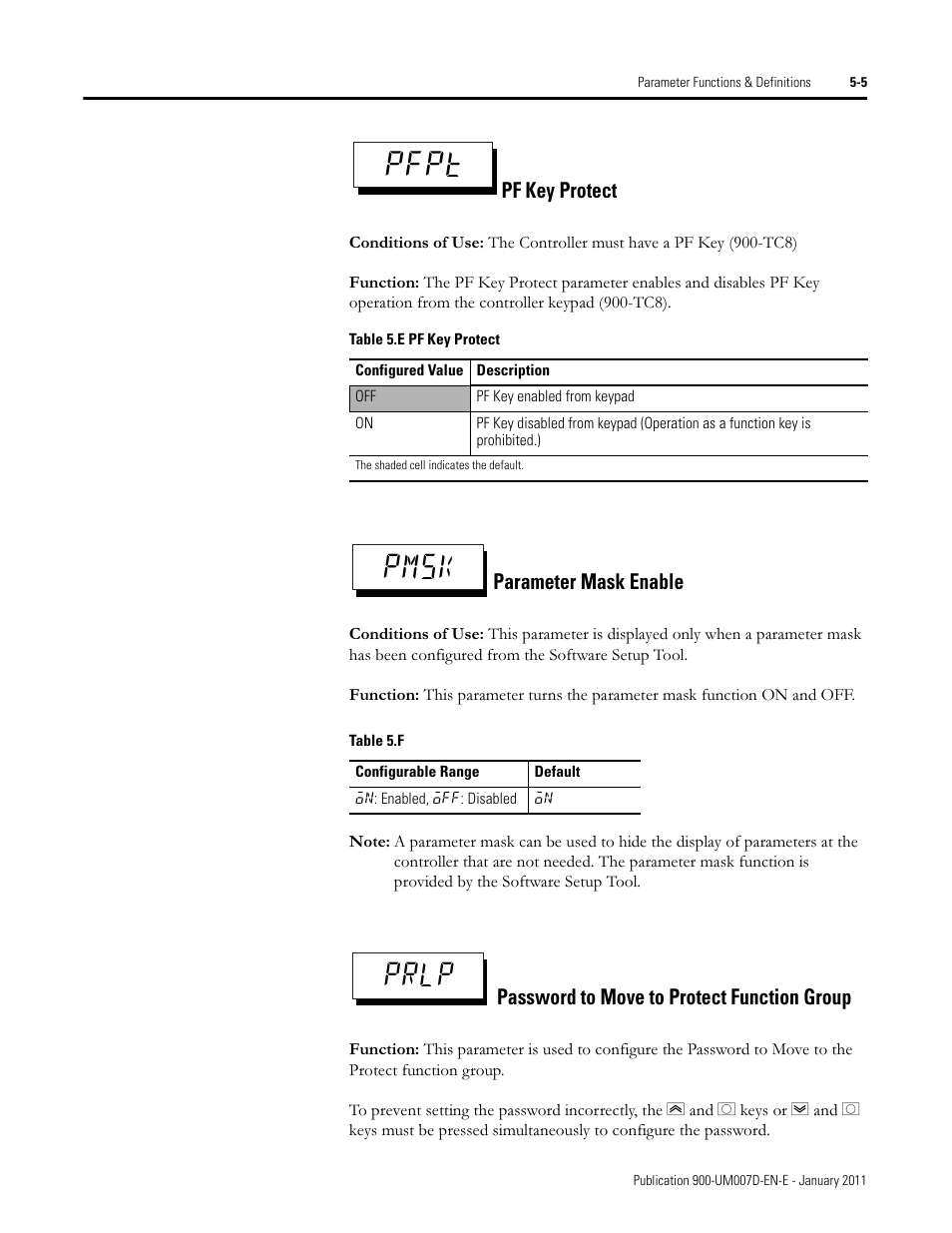 Pfpt pmsk, Prlp, Pf key protect | Parameter mask enable, Password to move to protect function group | Rockwell Automation 900-TC32 Digital Temperature Controllers, Series B User Manual | Page 233 / 410