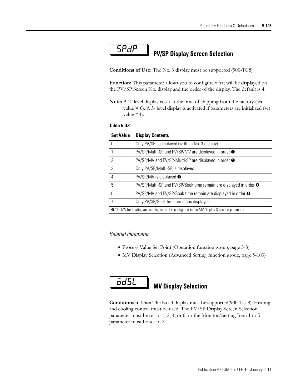 Spdp odsl, Pv/sp display screen selection, Mv display selection | Rockwell Automation 900-TC32 Digital Temperature Controllers, Series B User Manual | Page 331 / 410