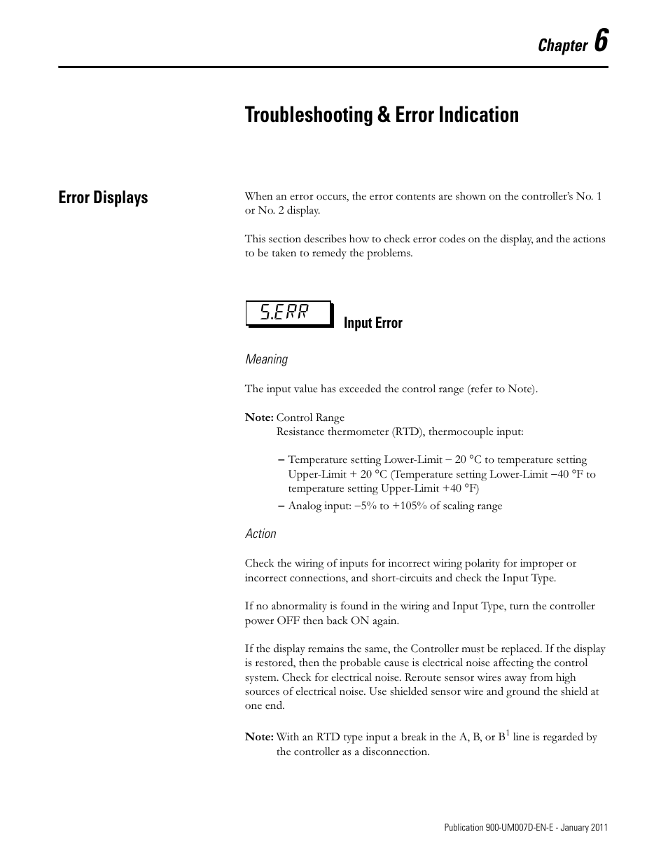 Chapter6, Troubleshooting & error indication, S.err | Chapter, Error displays | Rockwell Automation 900-TC32 Digital Temperature Controllers, Series B User Manual | Page 341 / 410