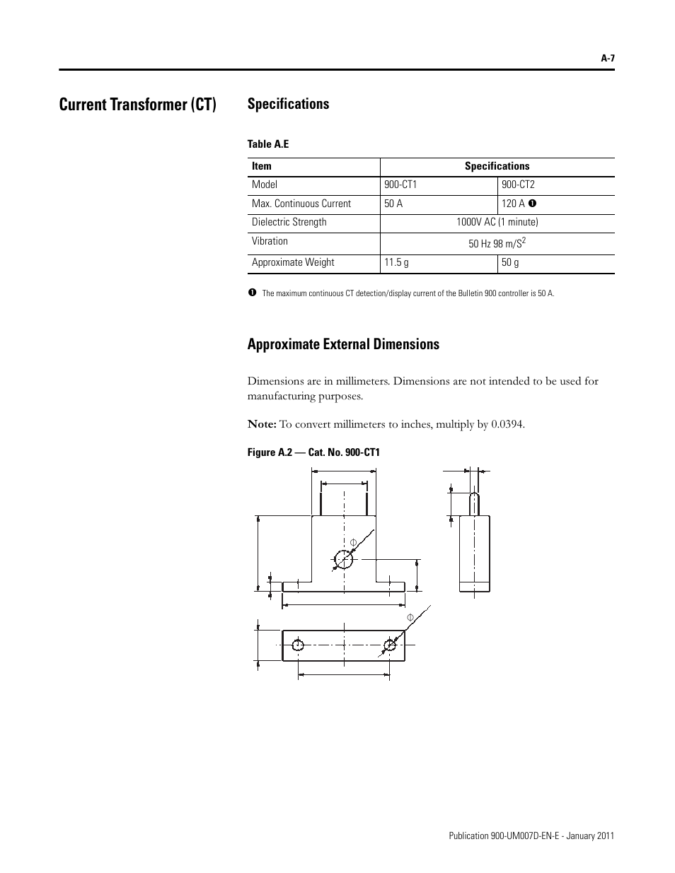 Current transformer (ct), Specifications, Approximate external dimensions | Rockwell Automation 900-TC32 Digital Temperature Controllers, Series B User Manual | Page 357 / 410