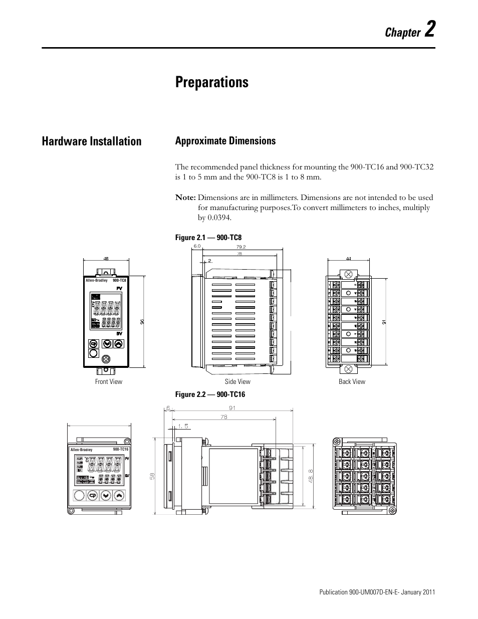 Chapter2, Preparations, Chapter | Hardware installation, Approximate dimensions | Rockwell Automation 900-TC32 Digital Temperature Controllers, Series B User Manual | Page 39 / 410