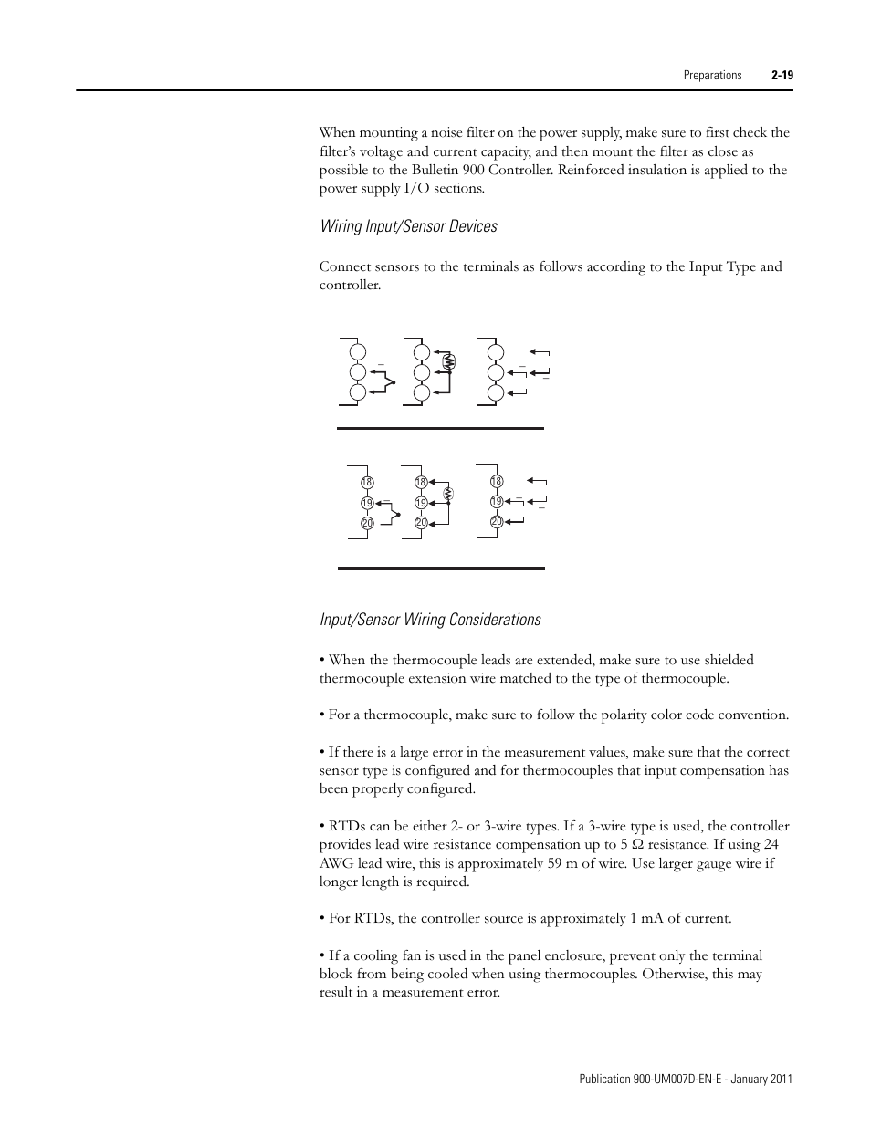 Wiring input/sensor devices, Input/sensor wiring considerations | Rockwell Automation 900-TC32 Digital Temperature Controllers, Series B User Manual | Page 57 / 410