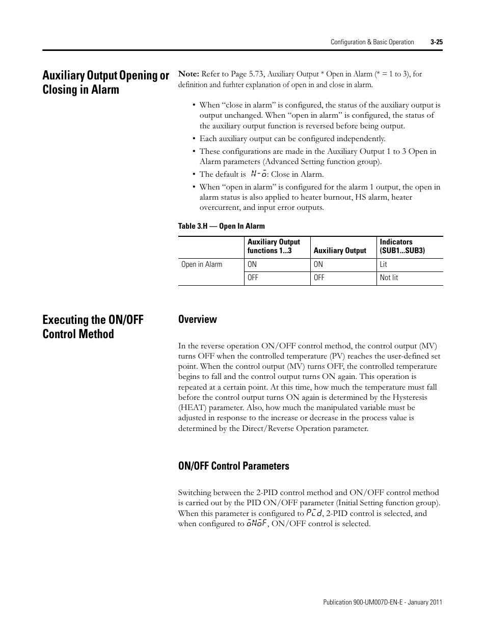 Auxiliary output opening or closing in alarm, Executing the on/off control method, Overview | On/off control parameters | Rockwell Automation 900-TC32 Digital Temperature Controllers, Series B User Manual | Page 95 / 410