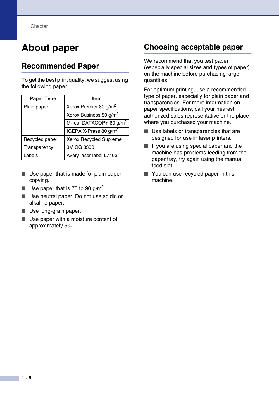 About paper, Recommended paper, Choosing acceptable paper | About paper -6, Recommended paper -6 choosing acceptable paper -6 | Brother DCP-7010L User Manual | Page 14 / 69