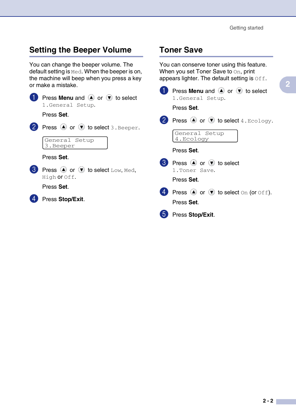 Setting the beeper volume, Toner save, Setting the beeper volume -2 toner save -2 | 2setting the beeper volume | Brother DCP-7010L User Manual | Page 19 / 69