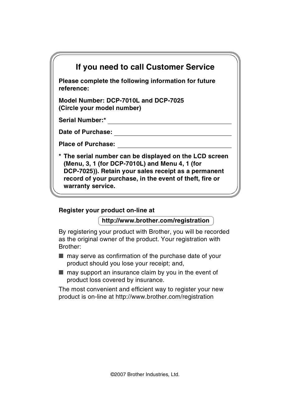 If you need to call customer service | Brother DCP-7010L User Manual | Page 2 / 69