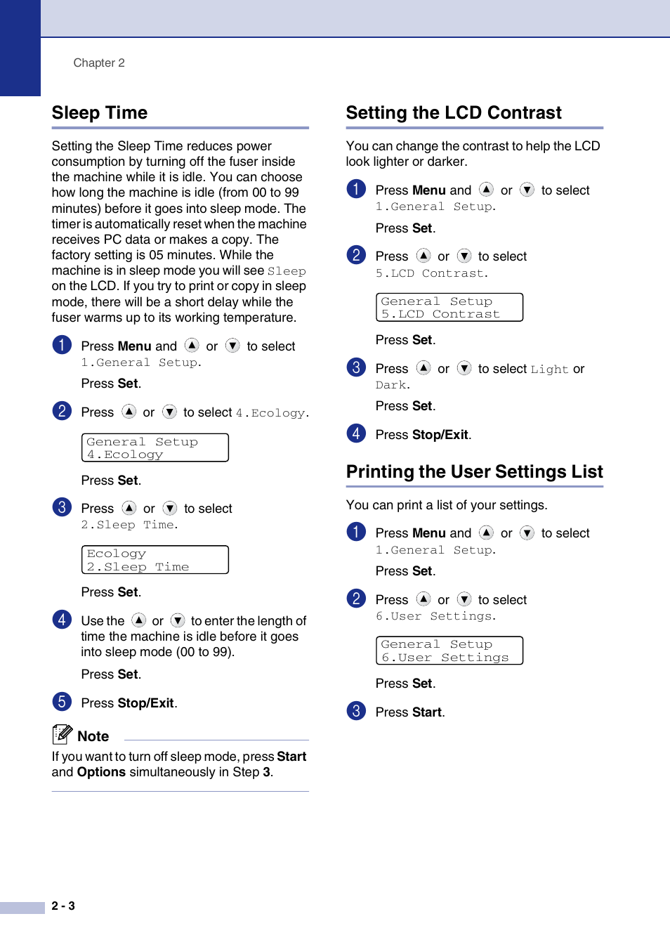 Sleep time, Setting the lcd contrast, Printing the user settings list | Brother DCP-7010L User Manual | Page 20 / 69