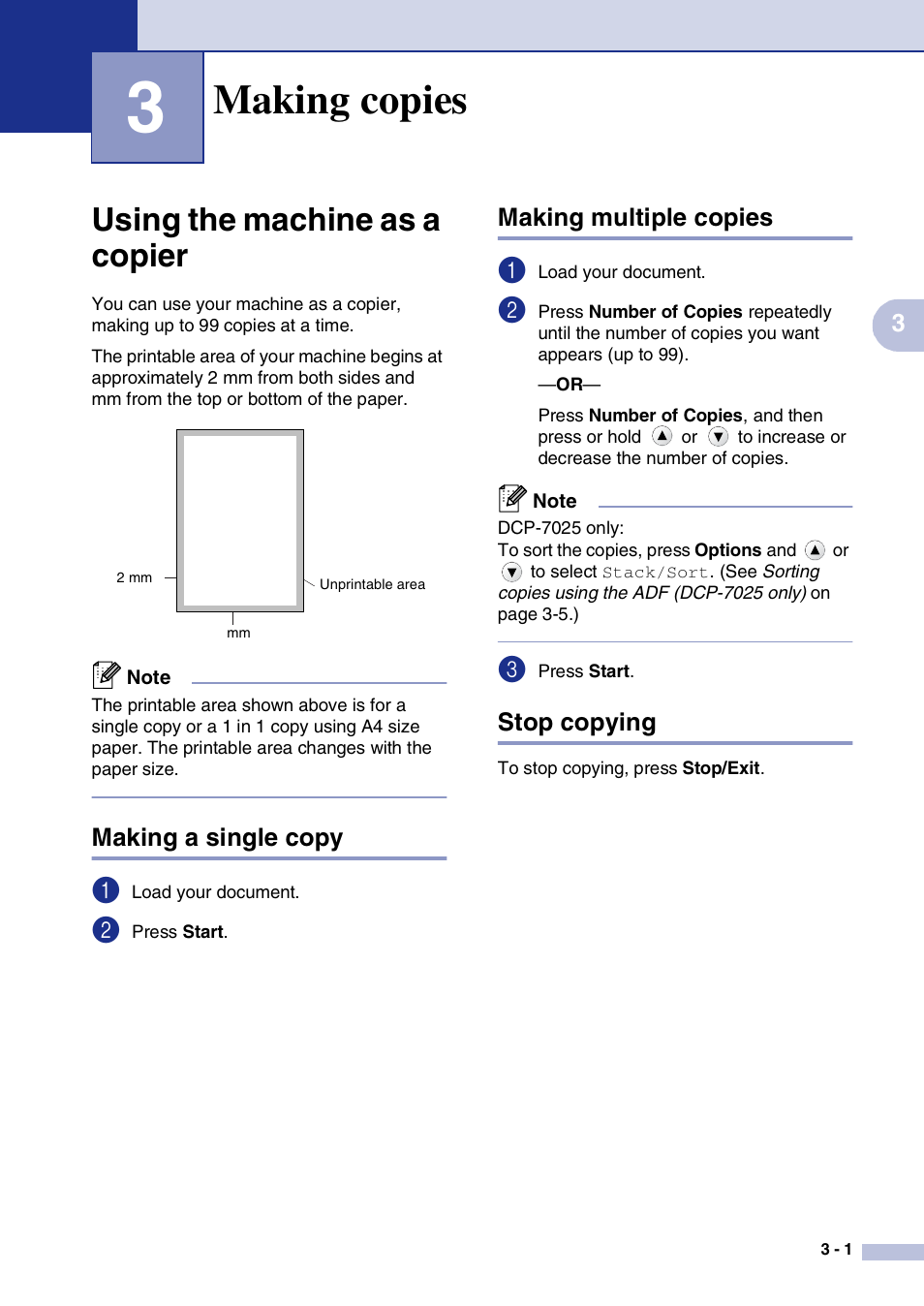 3 making copies, Using the machine as a copier, Making a single copy | Making multiple copies, Stop copying, Making copies, Using the machine as a copier -1 | Brother DCP-7010L User Manual | Page 21 / 69