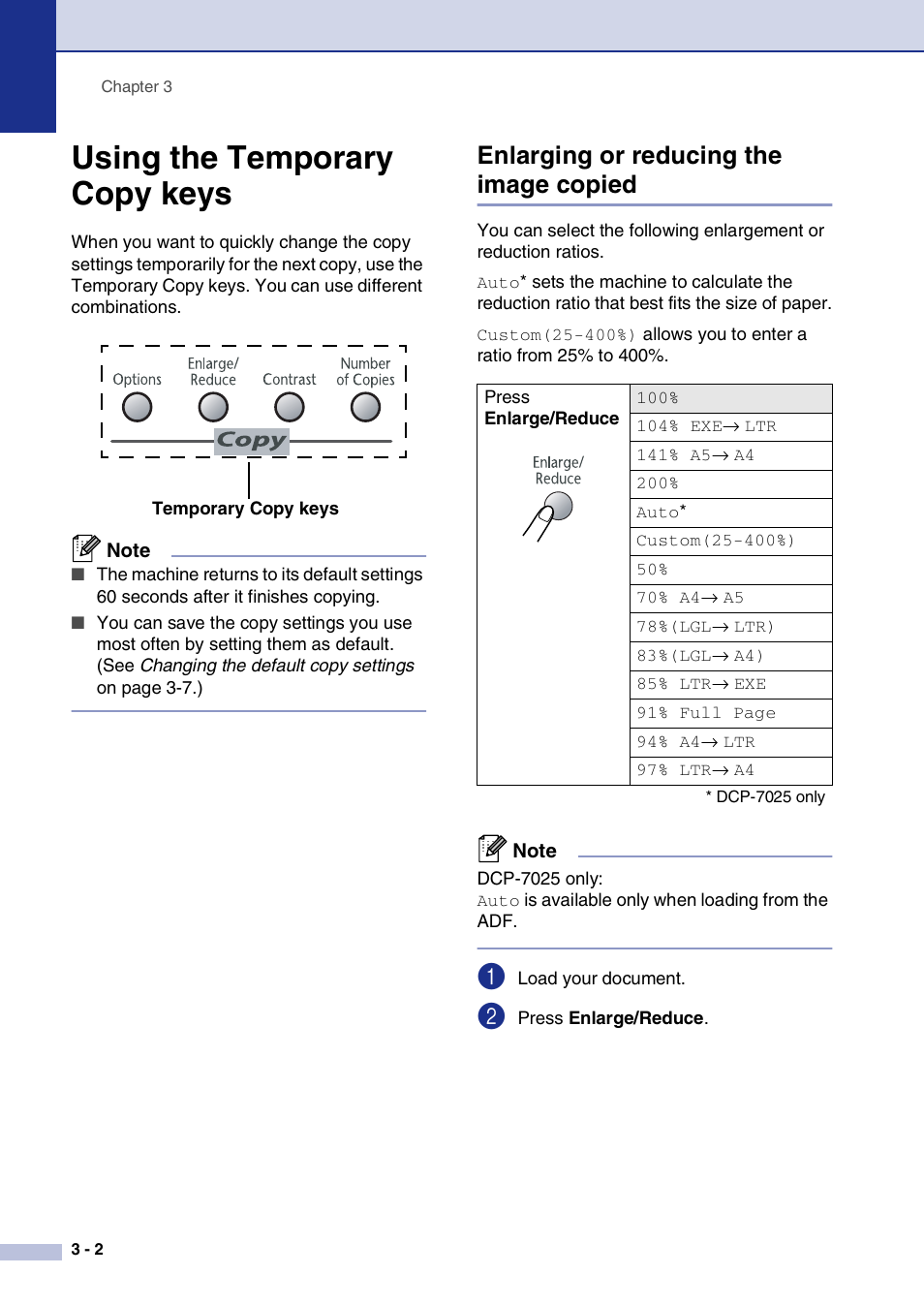 Using the temporary copy keys, Enlarging or reducing the image copied, Using the temporary copy keys -2 | Enlarging or reducing the image copied -2 | Brother DCP-7010L User Manual | Page 22 / 69