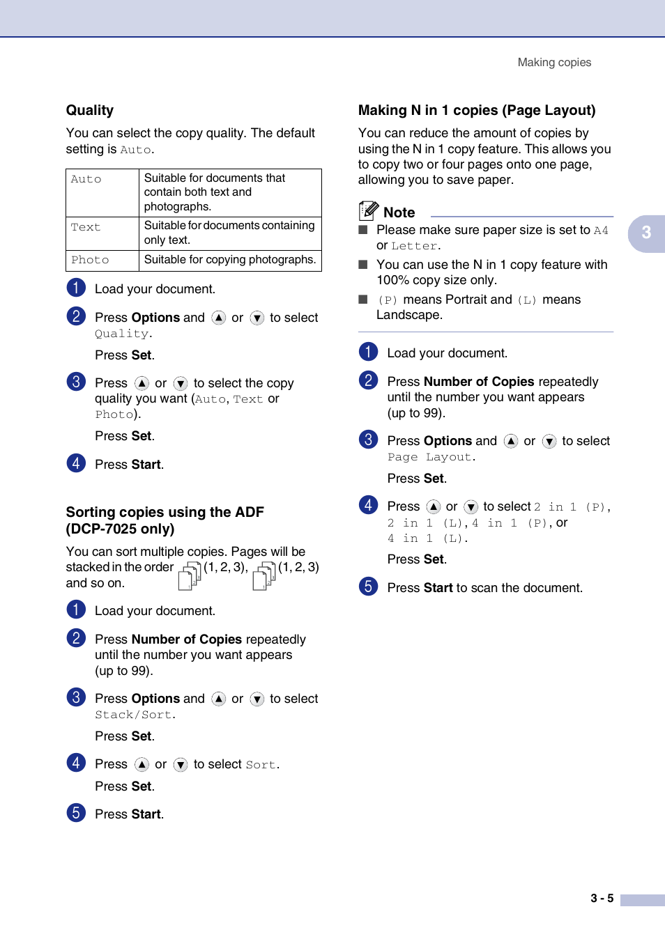 Quality, Sorting copies using the adf (dcp-7025 only) | Brother DCP-7010L User Manual | Page 25 / 69