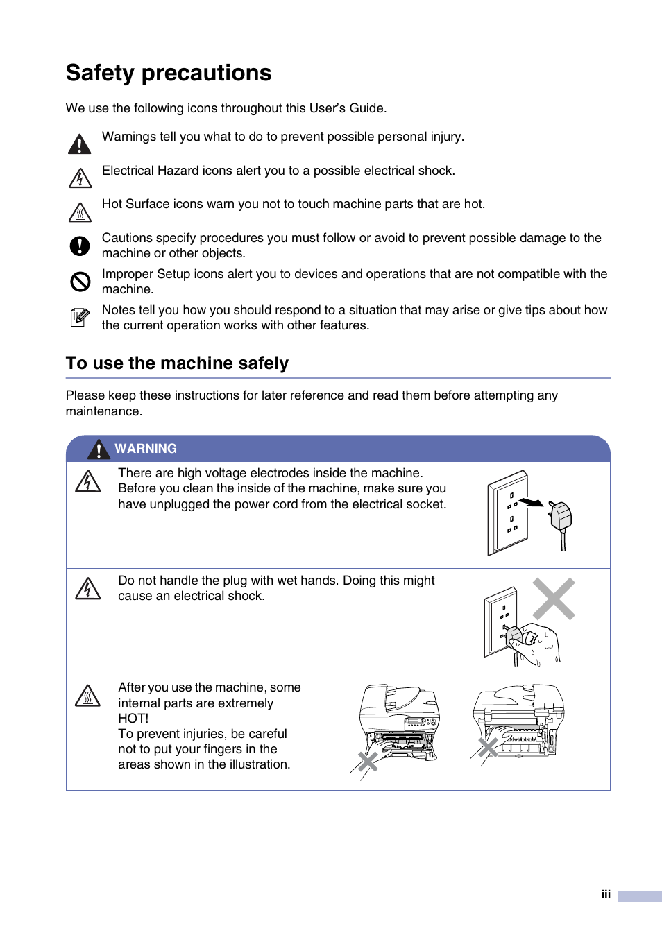 Safety precautions, To use the machine safely | Brother DCP-7010L User Manual | Page 5 / 69