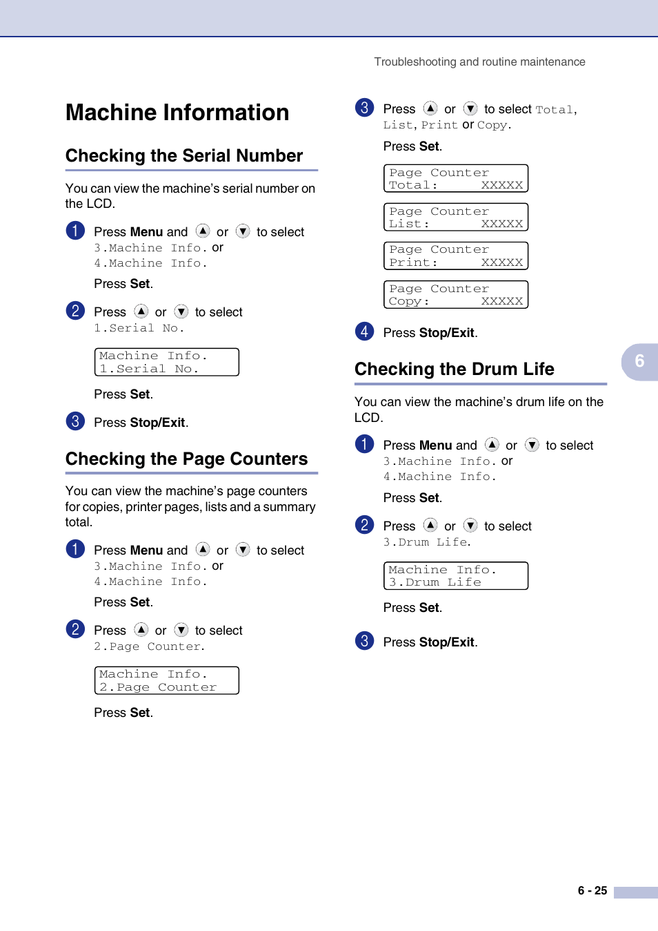 Machine information, Checking the serial number, Checking the drum life | Machine information -25, Checking the page counters | Brother DCP-7010L User Manual | Page 57 / 69