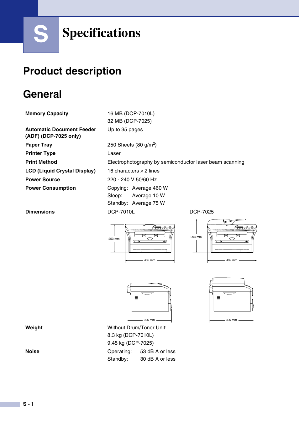 Specifications, Product description, General | Product description general | Brother DCP-7010L User Manual | Page 62 / 69