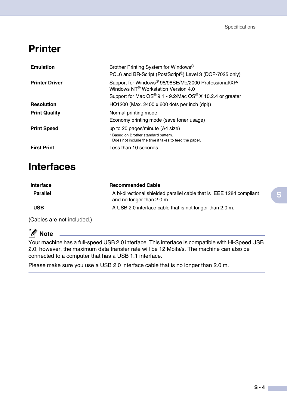 Printer, Interfaces, Printer interfaces | Brother DCP-7010L User Manual | Page 65 / 69