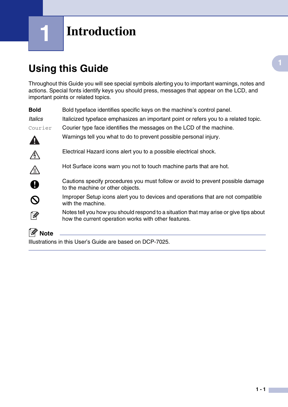 1 introduction, Using this guide, Introduction | Using this guide -1 | Brother DCP-7010L User Manual | Page 9 / 69