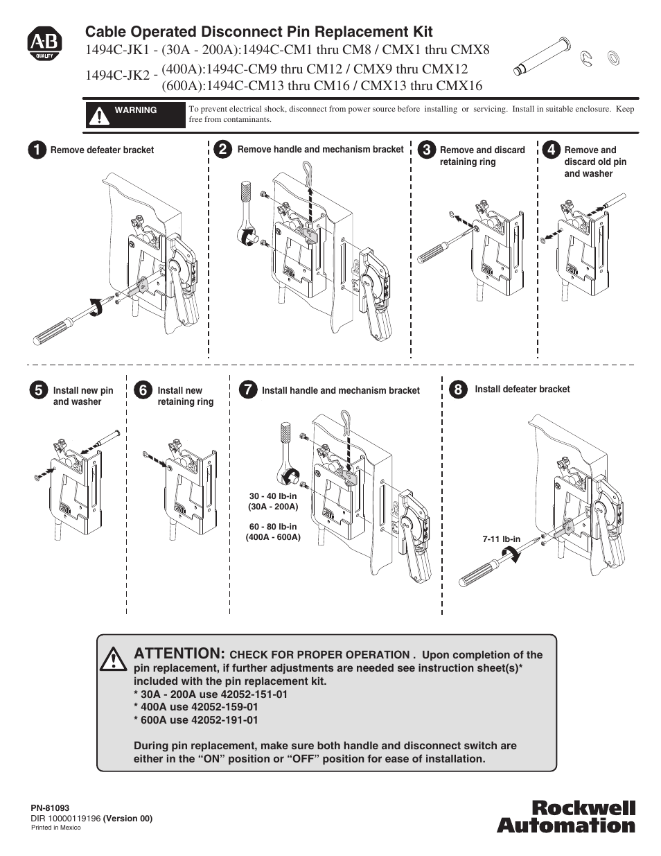 Rockwell Automation 1494C-JK1_JK2 Cable Operated Disconnect Pin Replacement Kit User Manual | 1 page