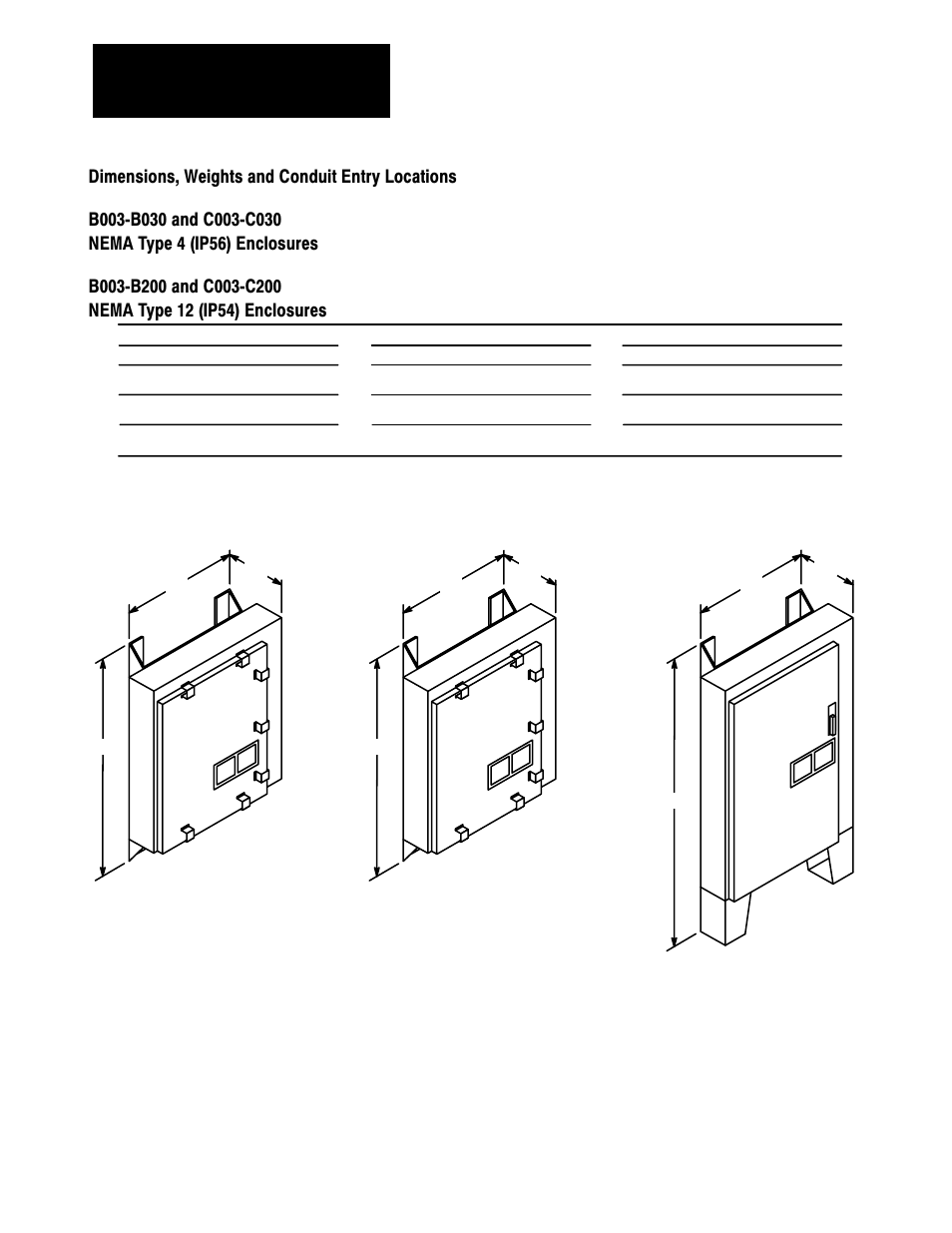 Dimensions, weights and conduit entry locations, Installation chapter 5 | Rockwell Automation 1336 3-20HP FRN 1.01-3.01 User Manual | Page 47 / 120